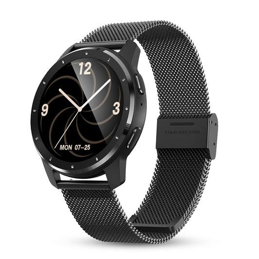 Black smartwatch with mesh band on a white background