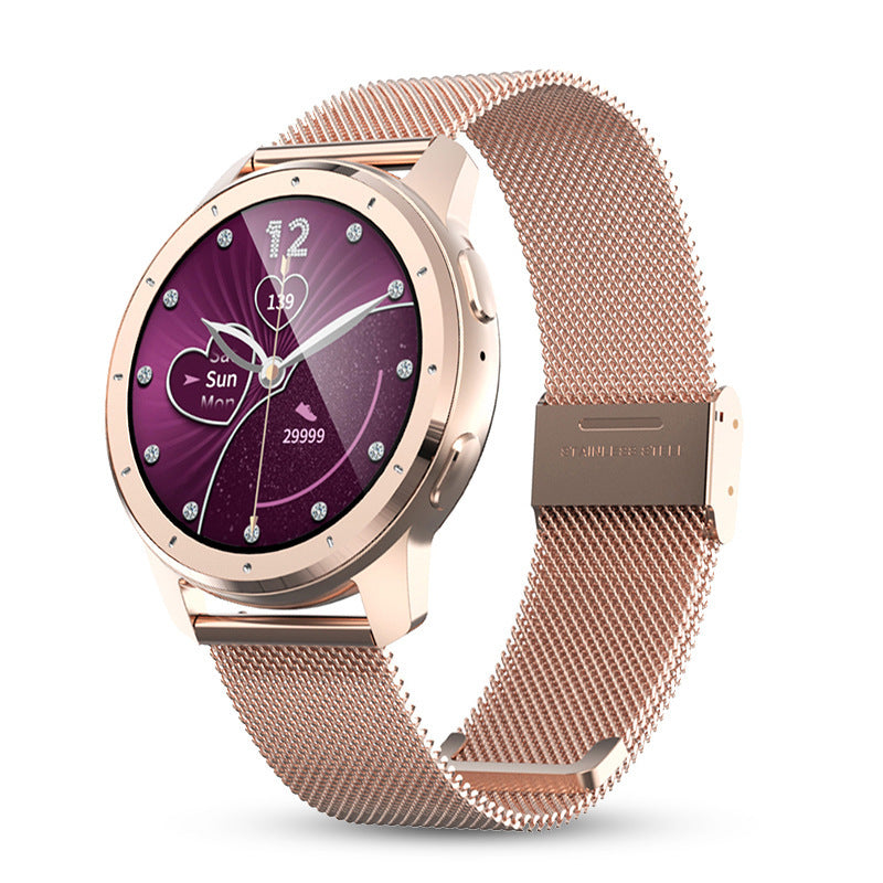 Rose gold smartwatch with a mesh band on a white background