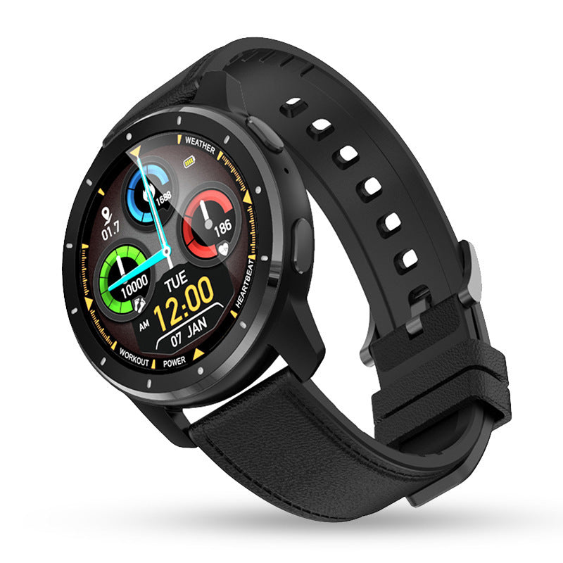 Black smartwatch with a colorful display on a white background